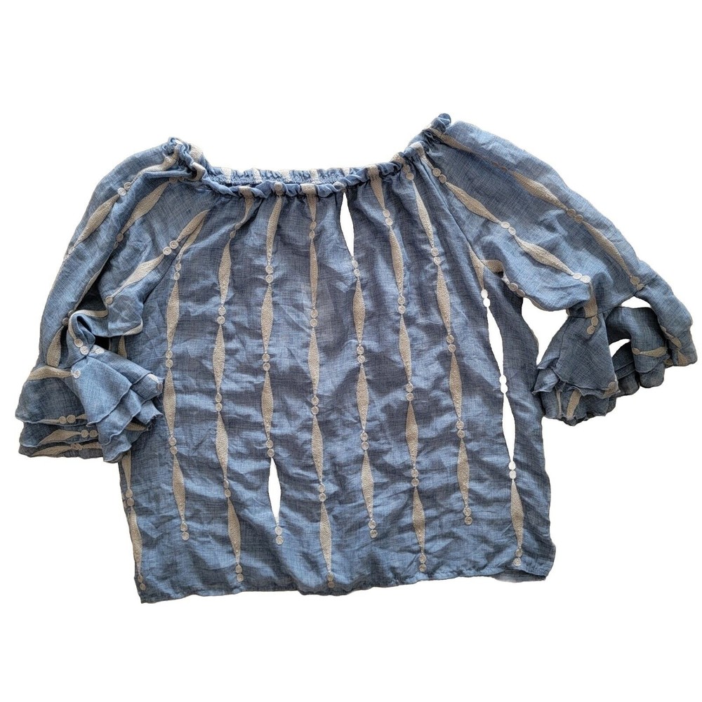 Kaktus Blue Chambray Boho Off Shoulder Tunic Top 3/4 Sleeve W/Ruffle Women XL